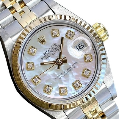 Rolex Datejust 69173 Ladies 18KY-SS White MOP Diamond Dial Fluted 26mm Watch 