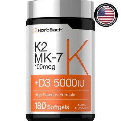 Vitamin K2 MK7 with D3 Supplement | 180 Softgels | D3 5000 IU | by Horbaach