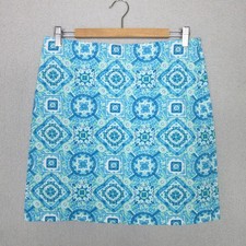 Talbots Petite A-Line Skirt Blue Green Tile Print Cotton Blend Lined Size 8P