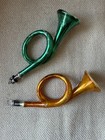Vintage German Blown Glass Horn Christmas Ornaments Green Gold Set of 2 — photo 6