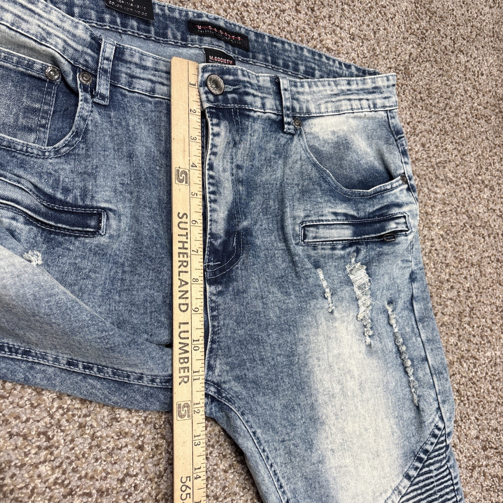 M . Society Mens Jeans Stretch Skinny Fit Blue Zipper Distressed Jean 38x32 NEW - View 7