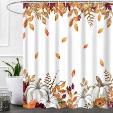 Fall Pumpkins Maple Leaf Shower Curtain, Autumn Leaves Harvest Thanksgiving F...