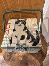Vintage Rattan Woven Handle Padded Fabric Cat Sewing Box Basket Cottagecore
