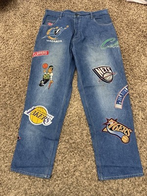 Vintage 90 s Y2K NBA Teams Sewn Patches UNK Denim Designer Jeans Size 38x32 Rare