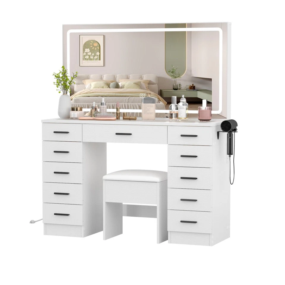 Dressing Table and Stool set 11 Drawer Makeup Table with Glass Top Vanity Desk