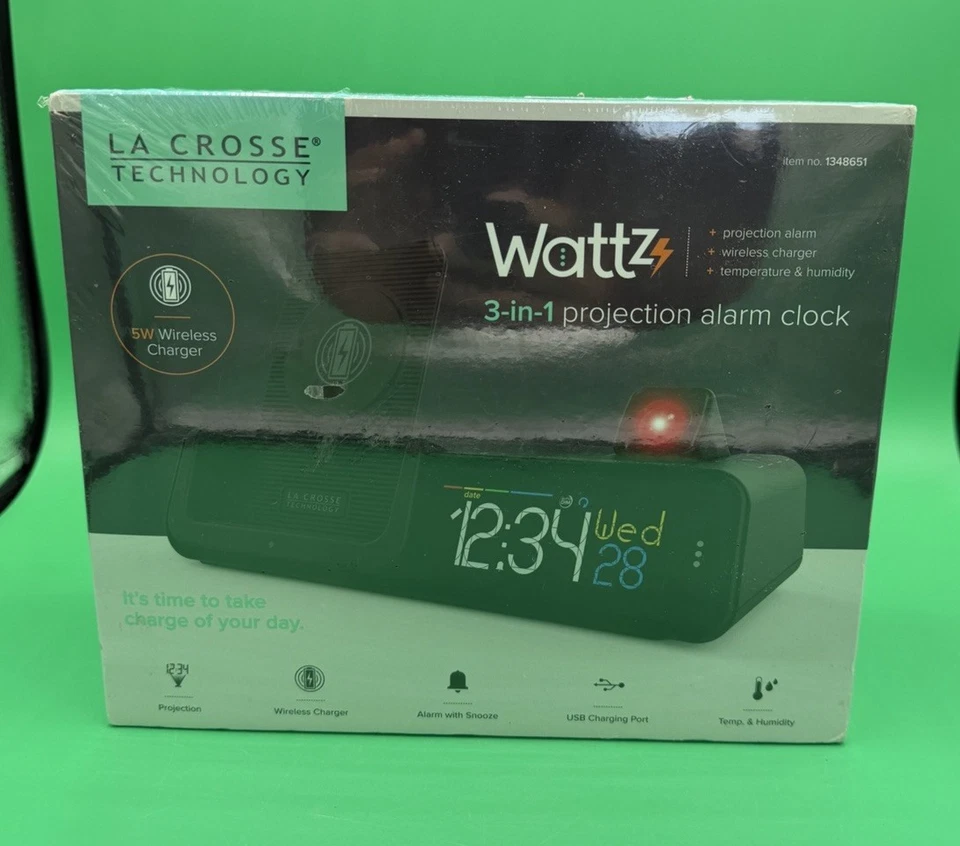 La Crosse Technology Wattz Reloj Despertador Proyección 3 en 1 Carga Inalámbrica NUEVO Foto 2 de 4