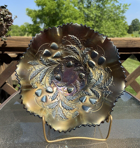 Northwood Amethyst Carnival Glass Strawberry Ruffled Bowl with Basketweave Outer - Picture 8 of 13
