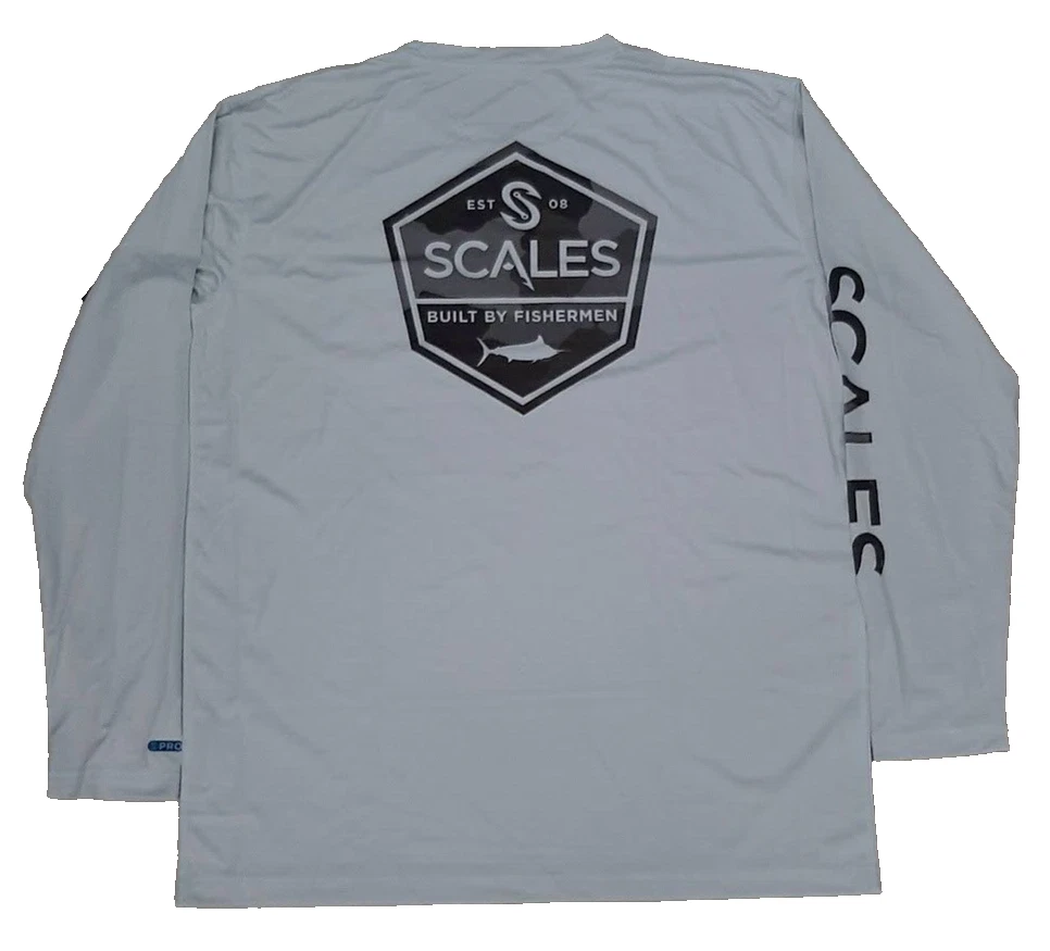 Scales Mens Fishing Shirt Built XL Pro Performance Long Sleeve Pocket Gray Grey