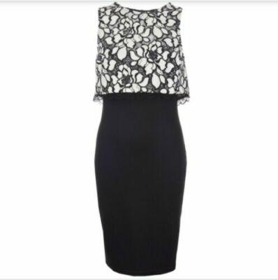 Lipsy In1 Bodycon Dress 10 Black Cream White Lace Party Occasion Wedding  UK