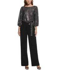 Jessica Howard Womens Sequin-Top 34-Sleeve Black Silver 8