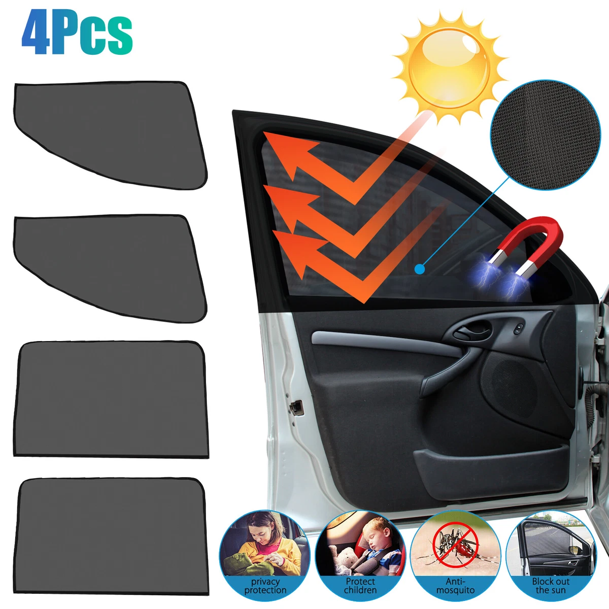 4x Magnetic Car Side Window Sun Shade Cover Visor Mesh Shield UV