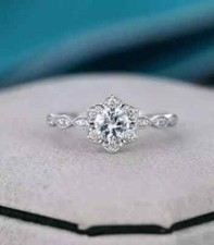 1.50 Ct Round Real Moissanite Flower Halo Engagement Ring 14K White Gold Plated