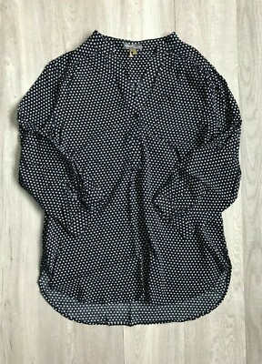 Market & Spruce Womens L Blouse Roll Tab Sleeve 1/4 Button Up Blue Polka Dot