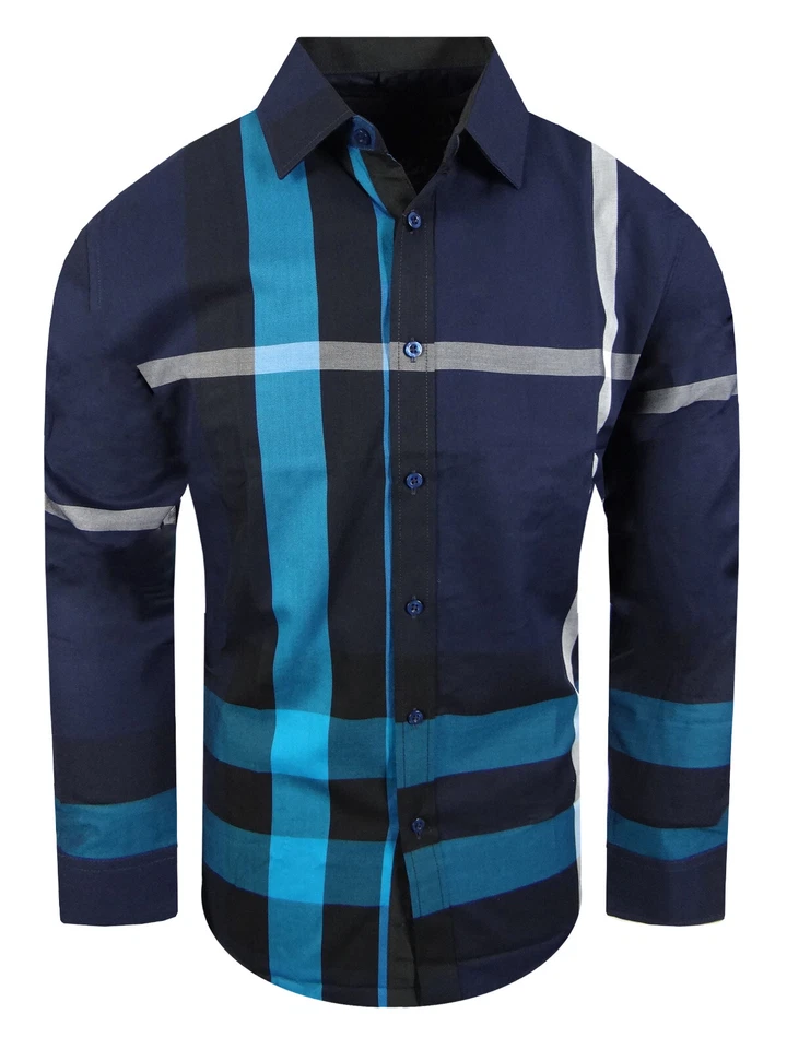 Designer Plaid Shirt Mens SLIM FIT Stretch NEW Stripe Button Up Casual Dress - Image 3 of 4