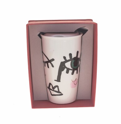 Starbucks Pink Winking Eye Siren Face Dot Art Ceramic Tumbler Traveler Mug 12oz