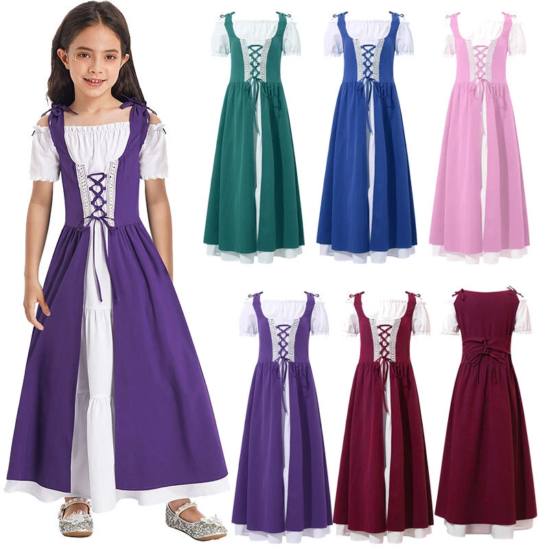 Girls Medieval Renaissance Princess Costume Short Sleeve Lace-up Halloween Dress - Image 2 of 4