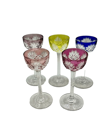 Set 5 Vintage Colored Cut Glass Cordial Stems French? Bohemian?