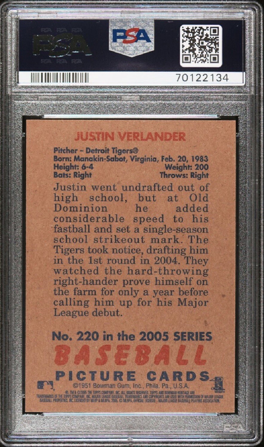 2005 Bowman Heritage Justin Verlander PSA 10 Gem Mint Low Pop. - Picture 2 of 2