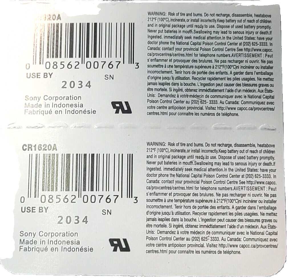 CR1620 SONY MURATA 2PK 3V LITHIUM (GREAT EXP 2034) DL2016 ECR2016 FREE SHIP&TRAK