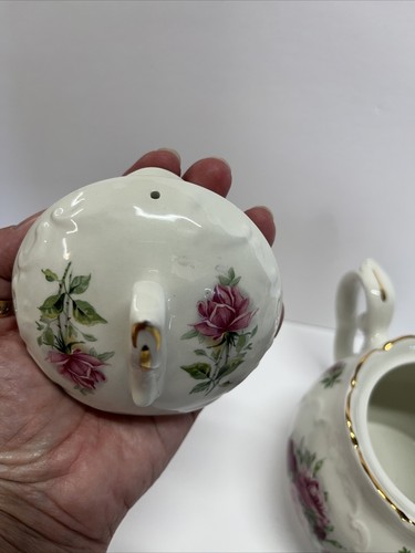 Crown Dorset Teapot Staffordshire England Red Roses Pink Flower Gold Trim - Picture 11 of 12