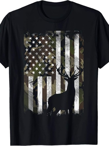Camouflage American Flag Deer Elk Bucks Camouflage Hunter Dad Gift Short Sleeve - Picture 4 of 7