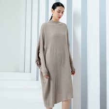 Womens Loose Fit Long Sleeve Knitted Sweater Dress A-line Skirt Wool Cashmere