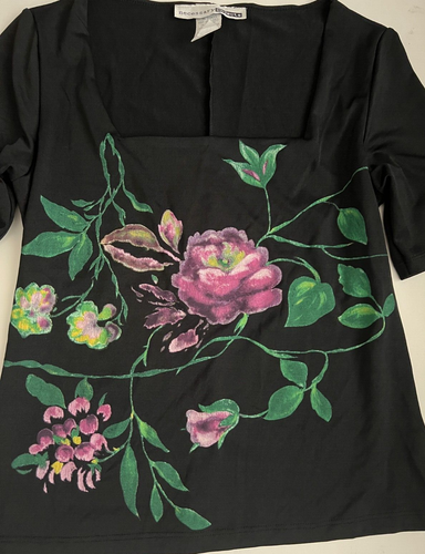 Vintage Necessary Objects 90's Womens Cropped Black Floral Square Neck Top Sz M - Picture 5 of 5