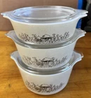 VTG Pyrex Forest Fancies Mushroom Covered Casserole 3 Set w Lids  471B 472B 473B
