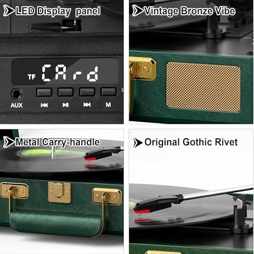 Vintage 3-Speed Bluetooth Record Player, Portable Suitcase Emerald Green