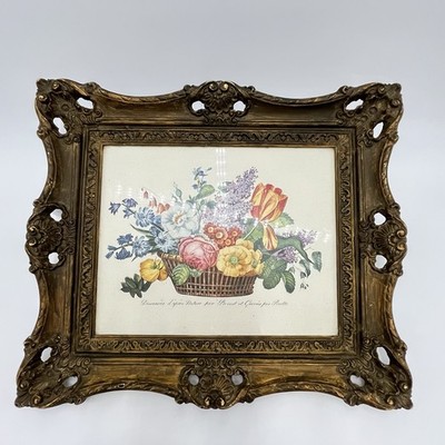 Vintage Windsor Art Basket Bouquet Framed Floral Print Gold Frame 1989 USA