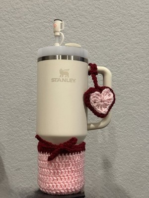 Stanley Insulated Tumbler Handle, Heart Crochet Sleeve, Beige Pink Red
