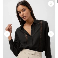 Rails Mona in Black Crepe Lace Long Sleeve Button Collared Shirt Small NWT