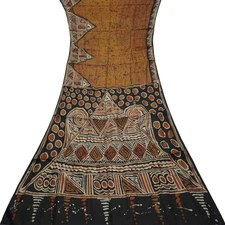 Namaste Vintage Brown Sarees 100% Pure Silk Batik Printed Sari 5YD Craft Fabric