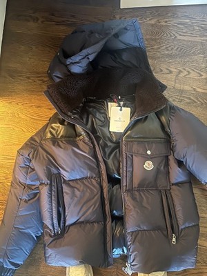 Moncler Puffer Jacket Navy with Brown Leather with Hood 4