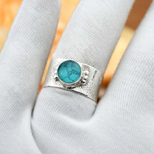 Turchese Anello Martellato Fedina 925 Argento Sterling Massiccio Regalo per Lei