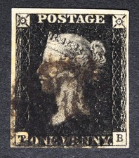 GB SG2 QV 1840 Penny Black Plate 10, TB, 4 Margins, Used Black Maltese Cross