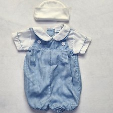 Vintage Alexis Newborn Romper Coverall w Hat Blue/White Cotton/Poly Made in USA