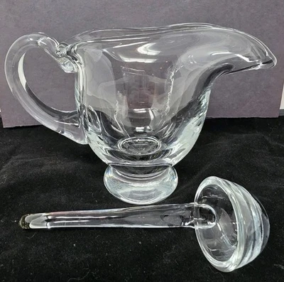 Clear Glass Footed Gravy Boat With Handle and Ladle - Image 1 of 4