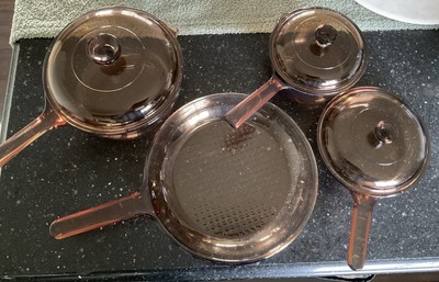 7 Pc Amber Vision Corning France 2 Saucepans 2 Skillets + 3 Lids | eBay