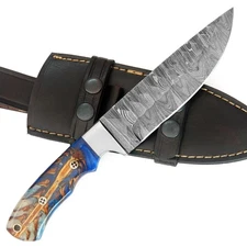 CUSTOM HANDMADE DAMASCUS KNIFE WITH PINE CONE HANDLE PREMIMUM LEATHER SHEATH T30