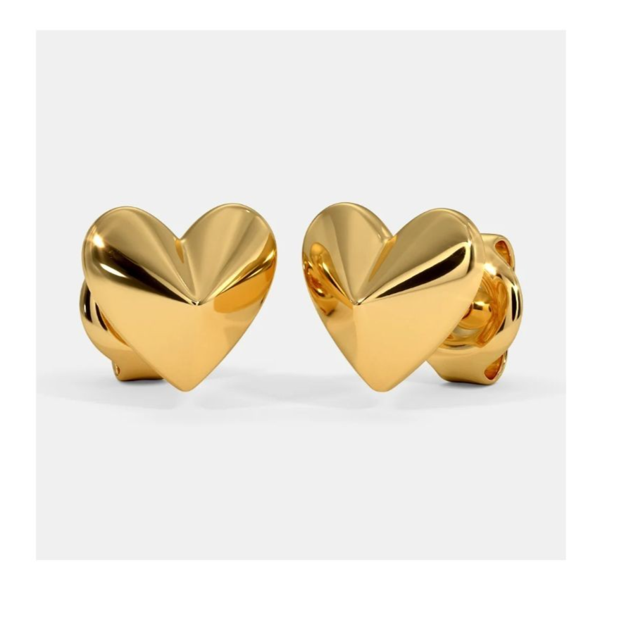 18K Solid Gold Heart-Shaped Stud Earrings, Handmade Love Gift For Her.