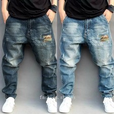 Men Pants Drop Crotch Distressed Denim Trousers Loose Harem Jeans Tapered Casual