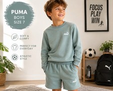 PUMA Boys Matching Sweatshirt Shorts Set Sage Green Size 7 EUC