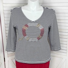 Chico’s Shirt XL 3 Blue White Rhinestone Nautical Life Ring Buoy Striped Tee