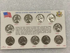US WARTIME SILVER NICKELS SET COMPLETE ~~ 11 COINS in DISPLAY CARD