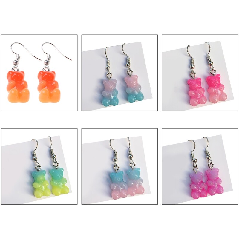 1 Pair Fashion Lovely Candy Color Cartoon Gummy Bear Resin Dangle Drop Earrings