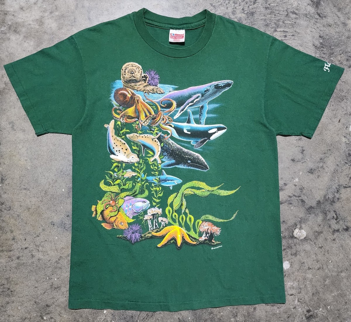 Vintage 80's Harlequin Nature Graphics T-Shirt Men's Large Sea