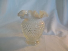 Fenton Art Glass MCM 3858 White Opalescent Hobnail Ruffled Top Vase