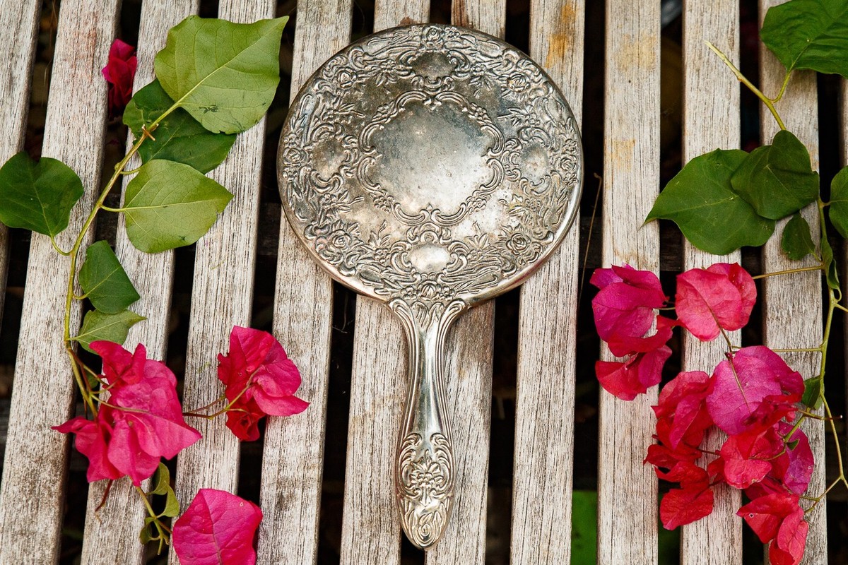 Antique Silver Metal Hand Mirror Floral Repousse Roses and Leaves