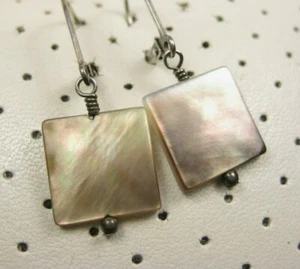 Small Vintage Sterling Silver Brown Mother of Pearl Square Dangle Hook Earrings